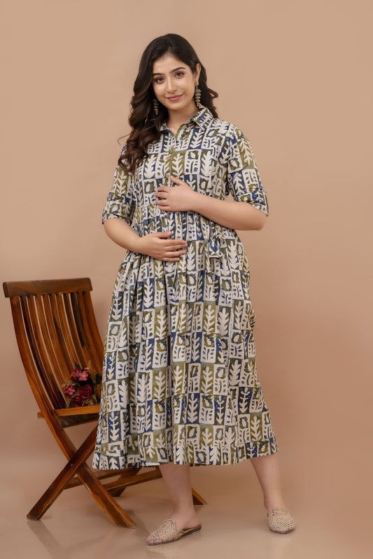 WOMOON Anarkali Multicolor Maternity Gown | Pure Cotton Feeding | Maternity Gown For Her