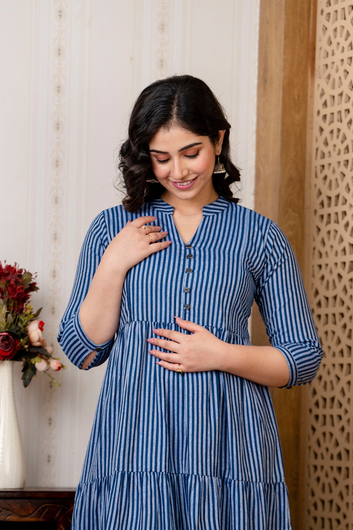 WOMOON Anarkali Blue Lining Printed Flared Maternity Dress collar design for her