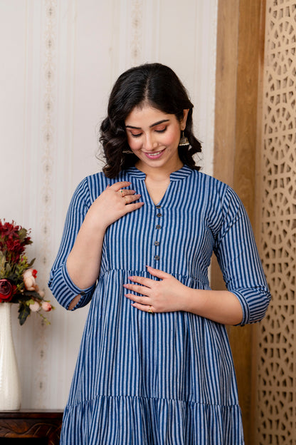 WOMOON Anarkali Blue Lining Printed Flared Maternity Dress collar design for her