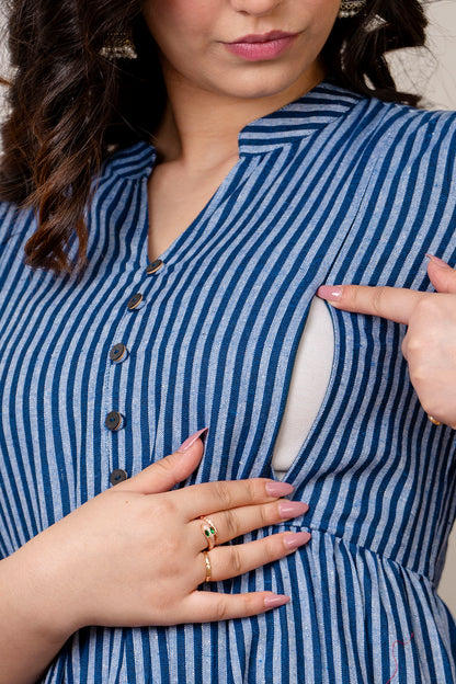 WOMOON Anarkali Blue Lining Printed Flared Maternity Dress collar design for her