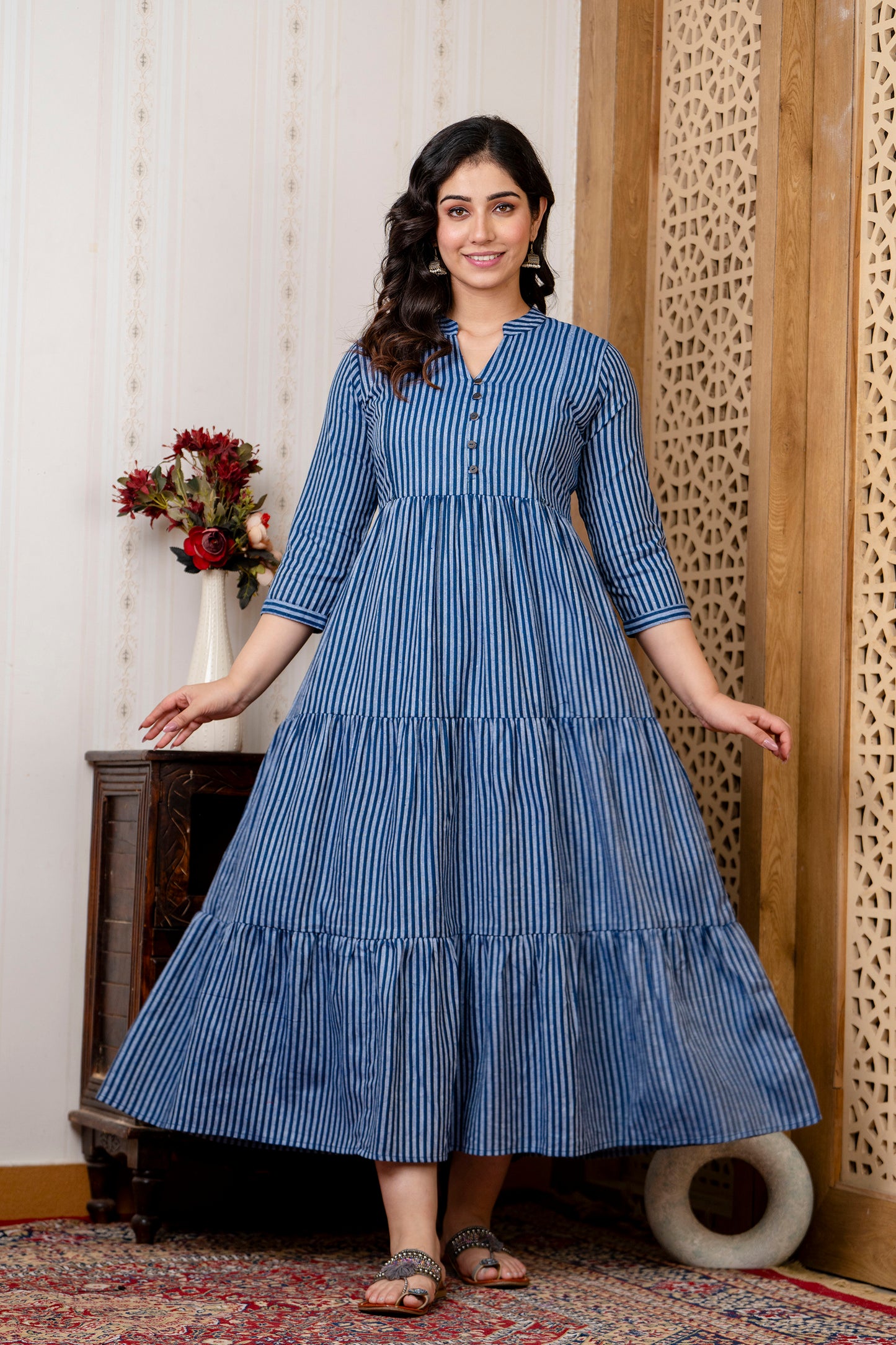 WOMOON Anarkali Blue Lining Printed Flared Maternity Dress collar design for her