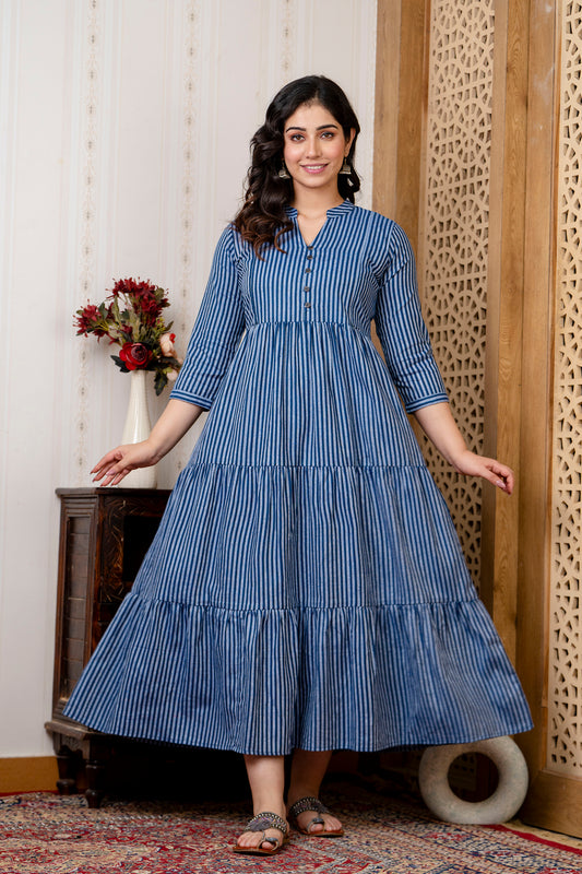 WOMOON Anarkali Blue Lining Printed Flared Maternity Dress collar design for her