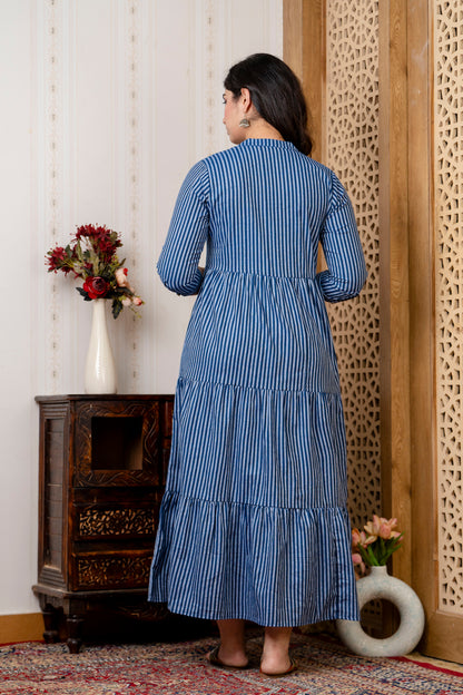 WOMOON Anarkali Blue Lining Printed Flared Maternity Dress collar design for her