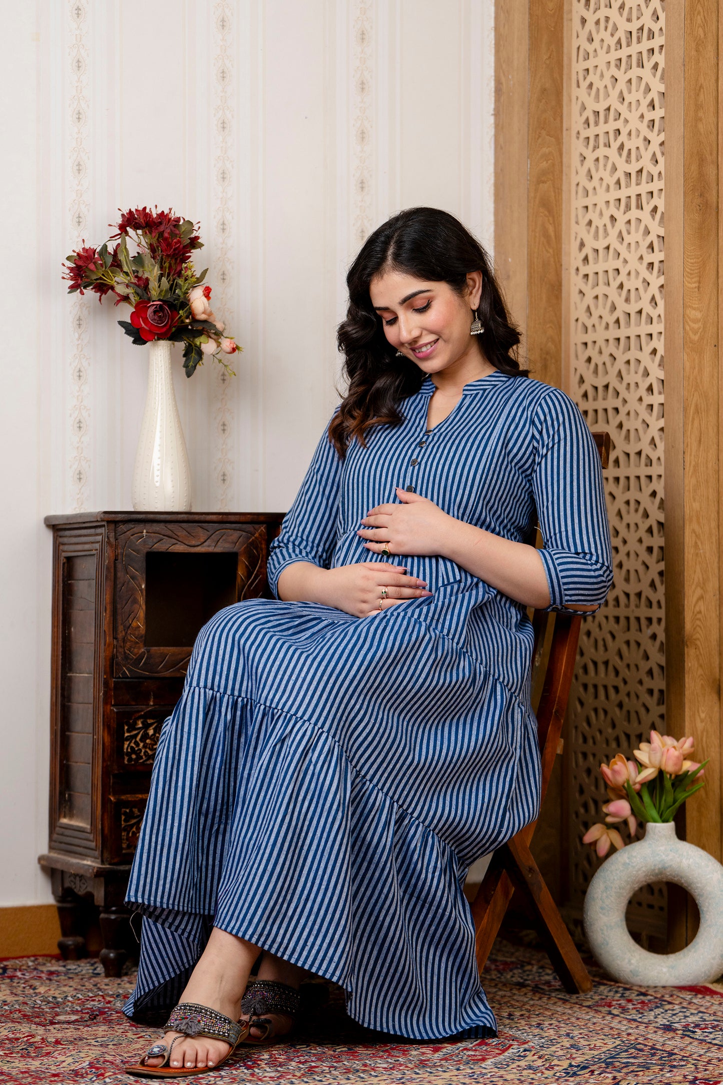 WOMOON Anarkali Blue Lining Printed Flared Maternity Dress collar design for her