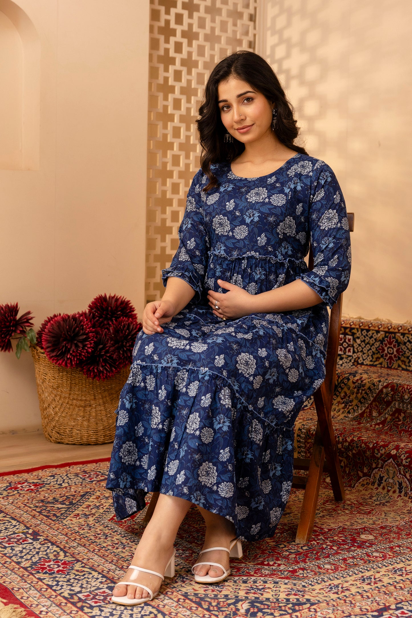 WOMOON blue maternity printed gown