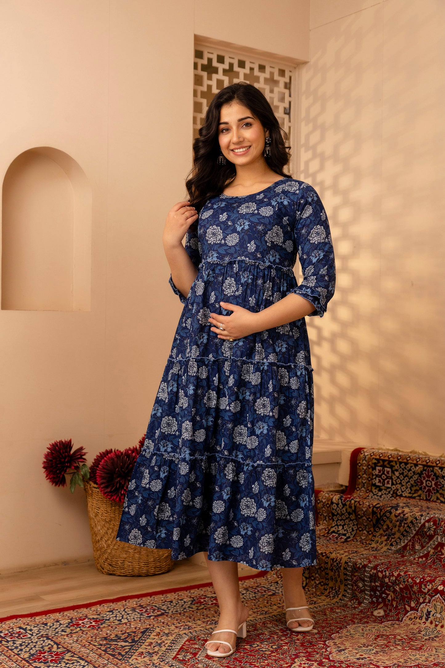 WOMOON blue maternity printed gown