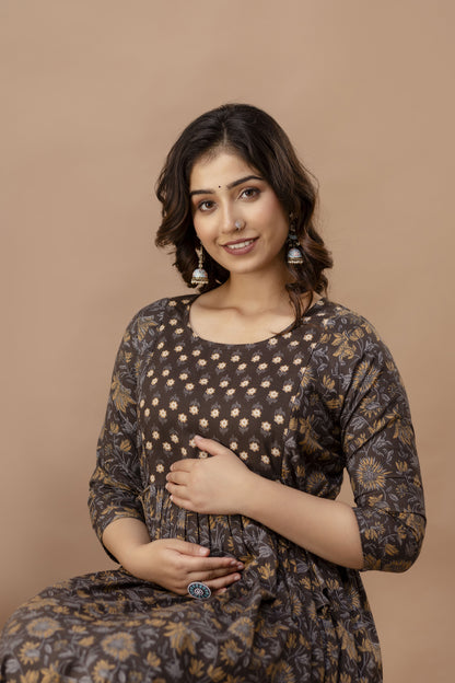 WOMOON Anarkali Brown Maternity Gown | Pure Cotton Feeding | Maternity Kurta For Her