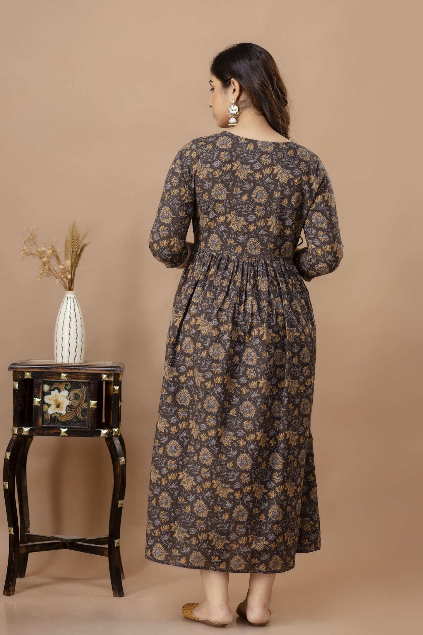 WOMOON Anarkali Brown Maternity Gown | Pure Cotton Feeding | Maternity Kurta For Her