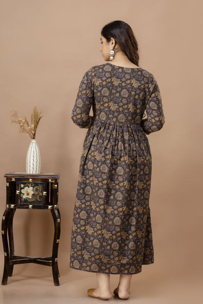 WOMOON Anarkali Brown Maternity Gown | Pure Cotton Feeding | Maternity Kurta For Her
