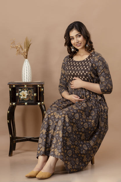 WOMOON Anarkali Brown Maternity Gown | Pure Cotton Feeding | Maternity Kurta For Her