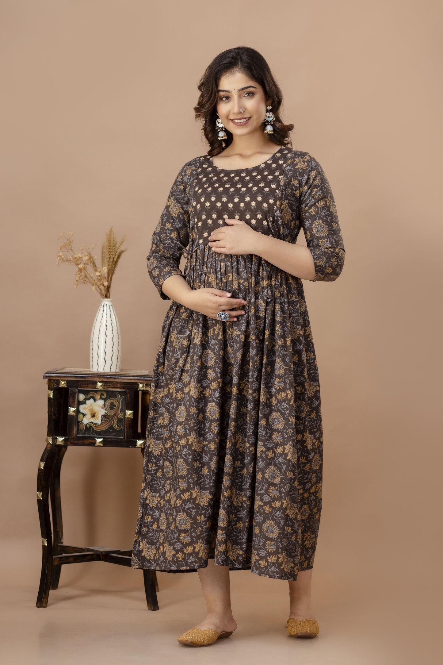 WOMOON Anarkali Brown Maternity Gown | Pure Cotton Feeding | Maternity Kurta For Her