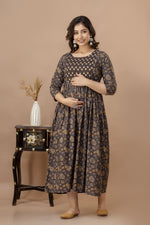 WOMOON Brown Maternity Gown Pure Cotton Rayon Feeding Maternity Kurta For Her