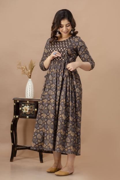 WOMOON Anarkali Brown Maternity Gown | Pure Cotton Feeding | Maternity Kurta For Her
