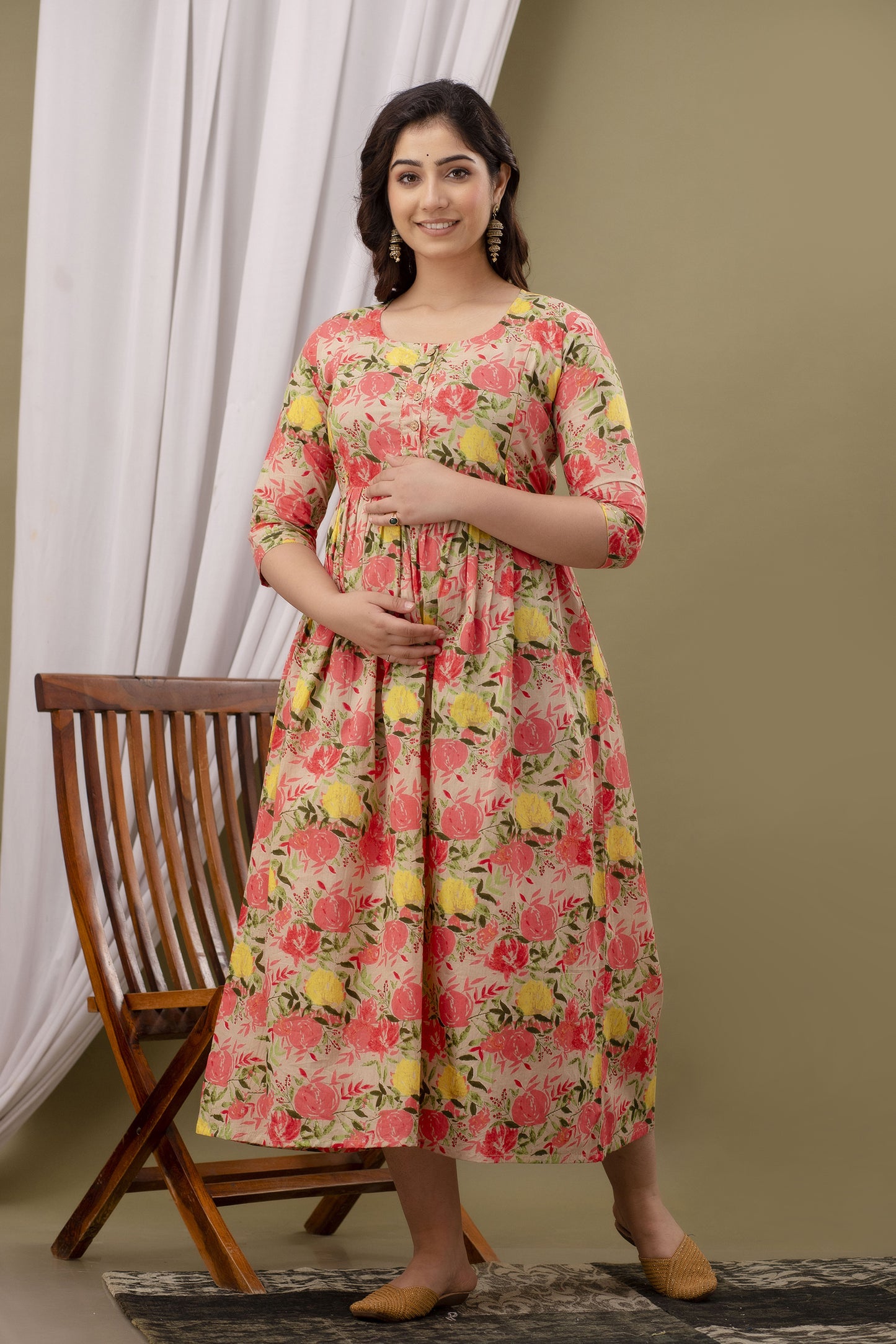 WOMOON Beige Printed Pure Cotton Anarkali Maternity Kurta for her