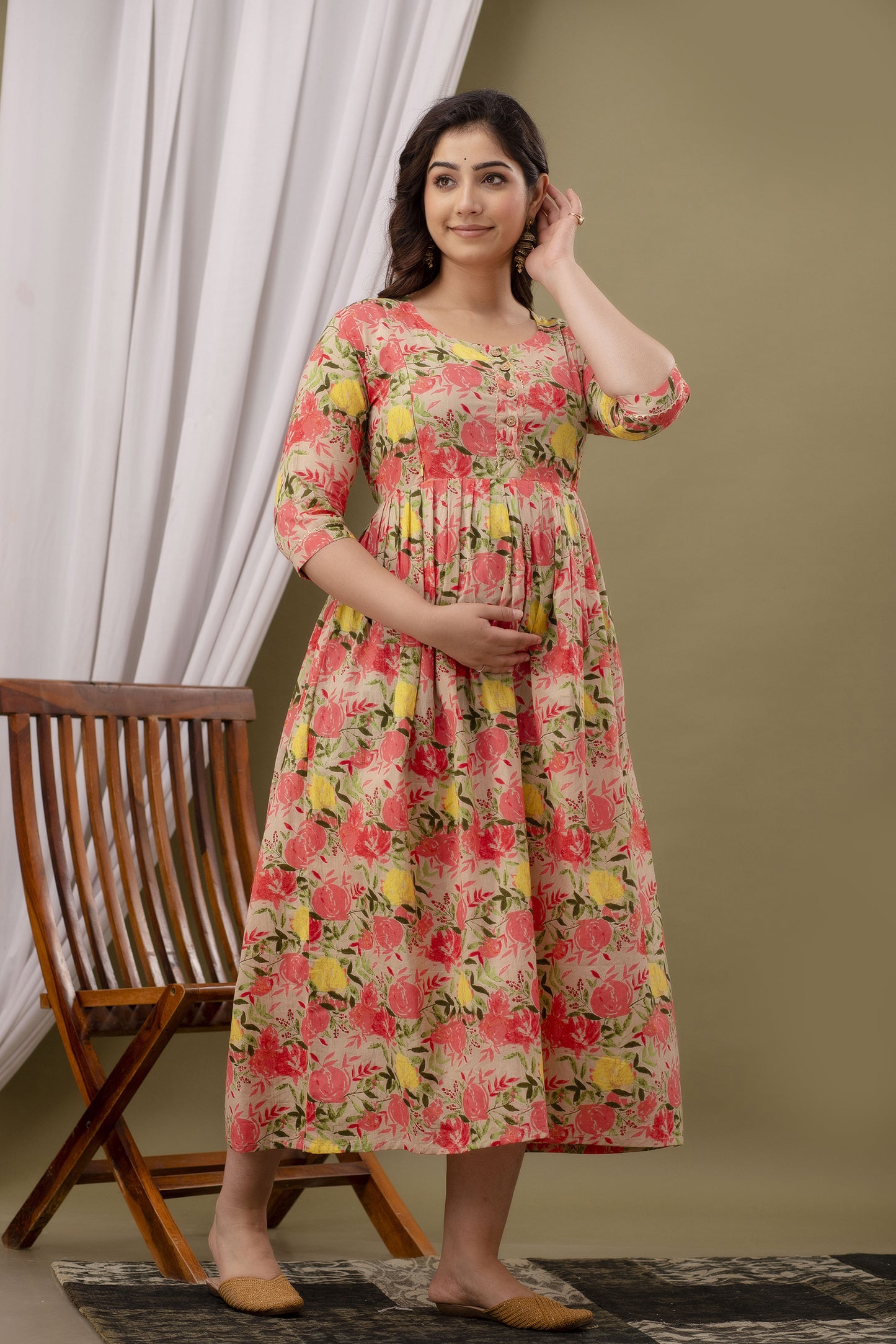 WOMOON Beige Printed Pure Cotton Anarkali Maternity Kurta for her