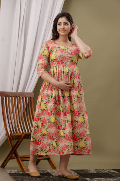 WOMOON Beige Printed Pure Cotton Anarkali Maternity Kurta for her