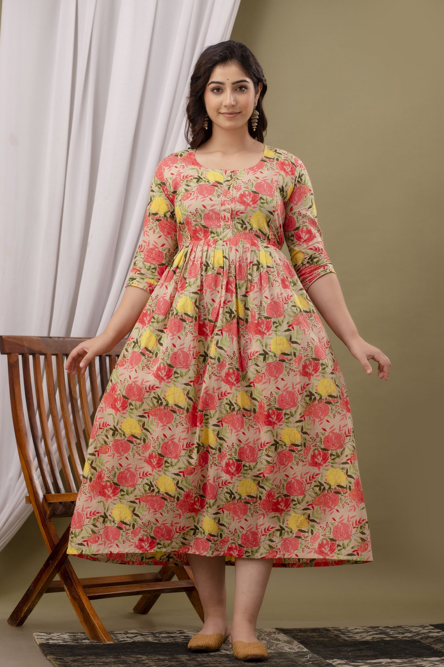 WOMOON Beige Printed Pure Cotton Anarkali Maternity Kurta for her