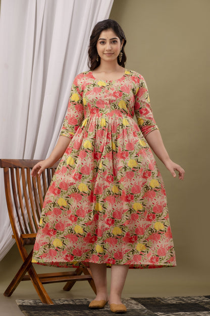 WOMOON Beige Printed Pure Cotton Anarkali Maternity Kurta for her