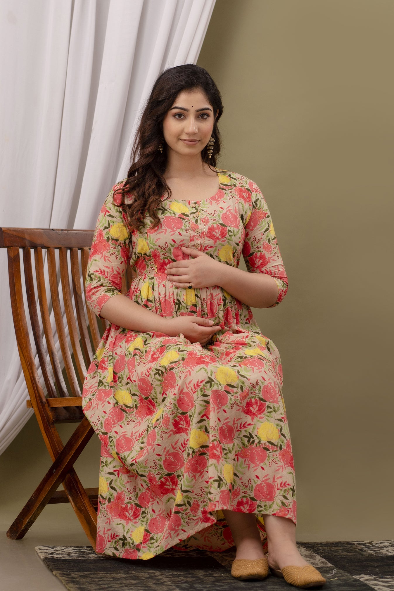 WOMOON Beige Printed Pure Cotton Anarkali Maternity Kurta for her