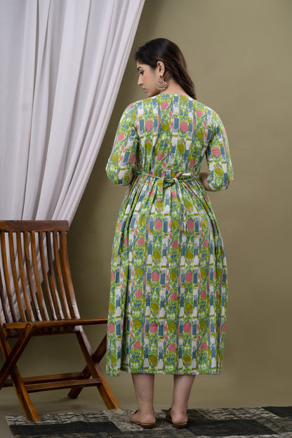 Womoon Green Printed Pure Cotton Anarkali Maternity Kurta for her