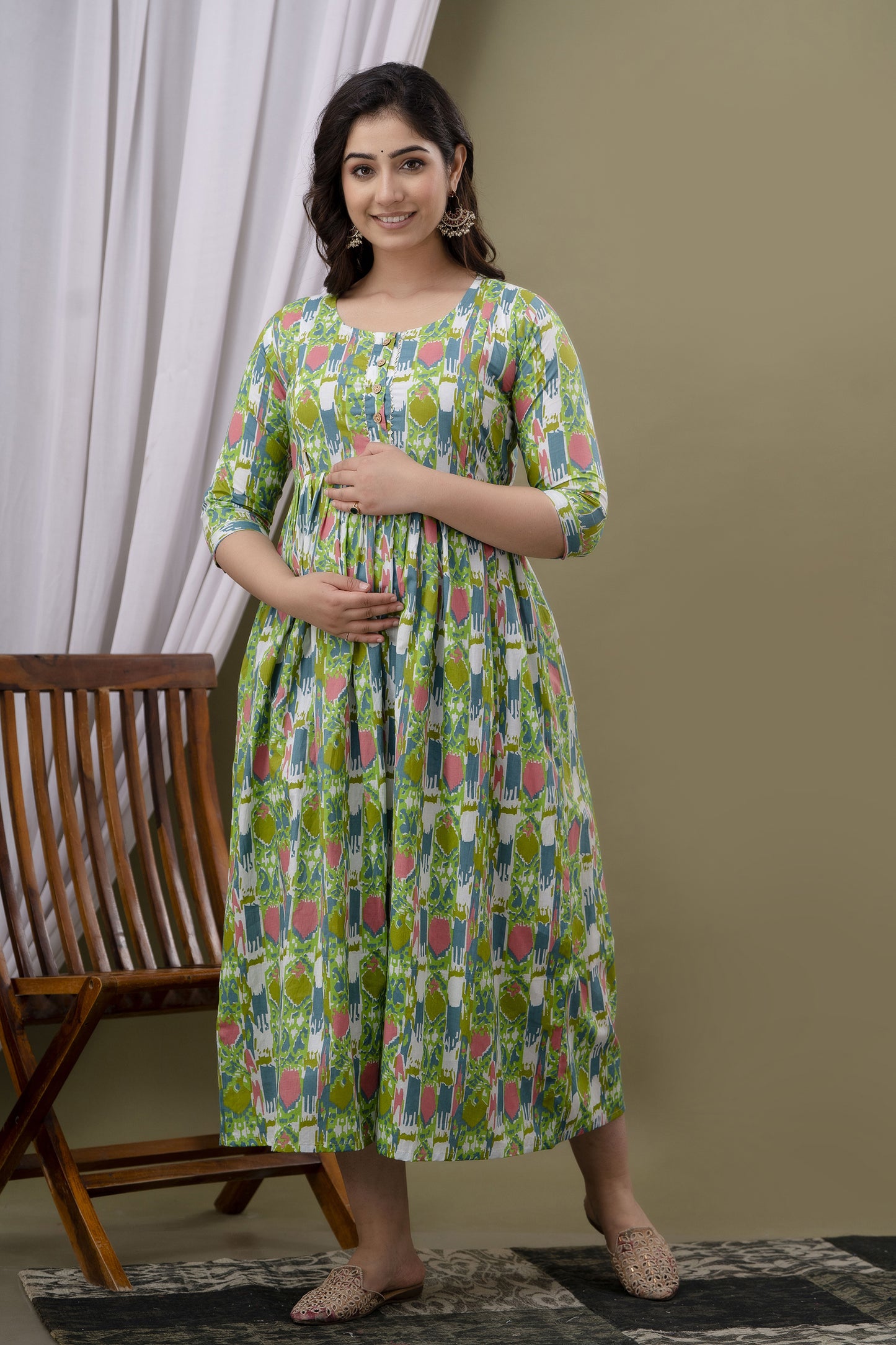 Womoon Green Printed Pure Cotton Anarkali Maternity Kurta for her