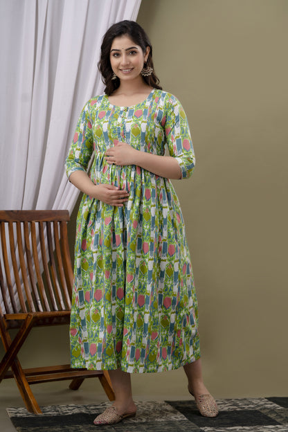 Womoon Green Printed Pure Cotton Anarkali Maternity Kurta for her
