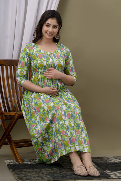 Womoon Green Printed Pure Cotton Anarkali Maternity Kurta for her