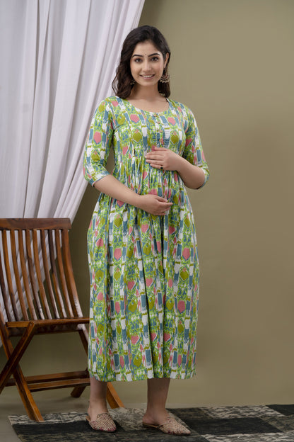 Womoon Green Printed Pure Cotton Anarkali Maternity Kurta for her