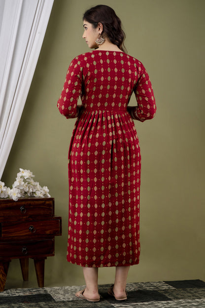 WOMOON Anarkali Maroon Printed Pure Rayon Anarkali Maternity Kurta
