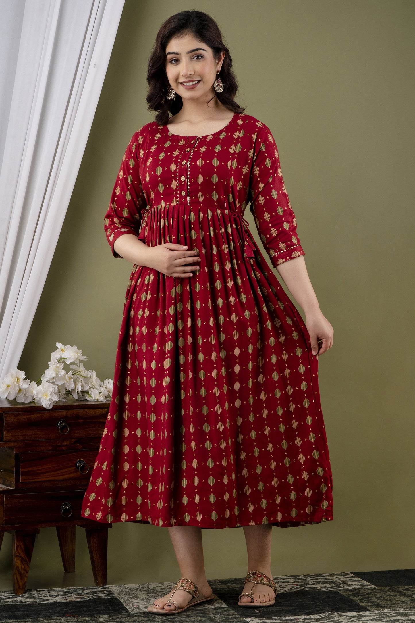WOMOON Anarkali Maroon Printed Pure Rayon Anarkali Maternity Kurta