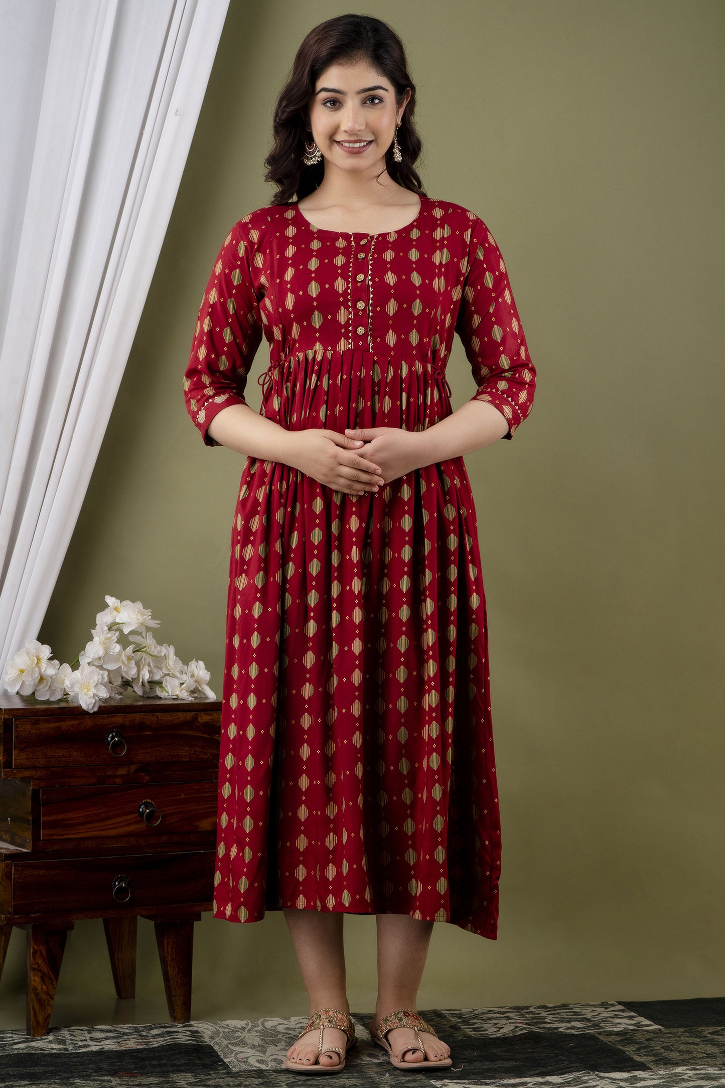 WOMOON Anarkali Maroon Printed Pure Rayon Anarkali Maternity Kurta
