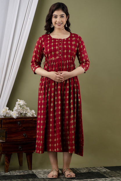 WOMOON Anarkali Maroon Printed Pure Rayon Anarkali Maternity Kurta