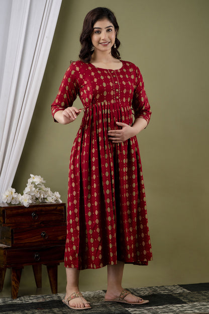 WOMOON Anarkali Maroon Printed Pure Rayon Anarkali Maternity Kurta