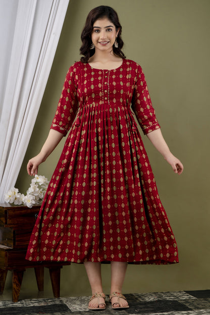 WOMOON Anarkali Maroon Printed Pure Rayon Anarkali Maternity Kurta