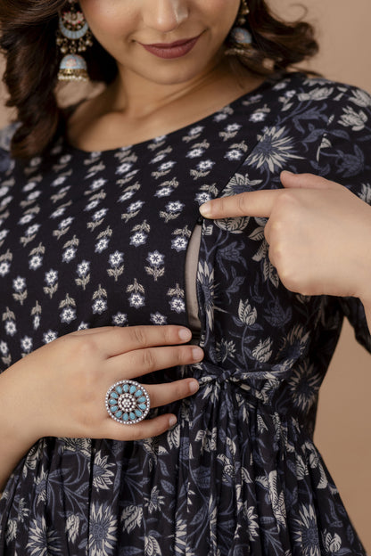 WOMOON Anarkali Black Maternity Gown | Pure Cotton Feeding | Maternity Gown For Her