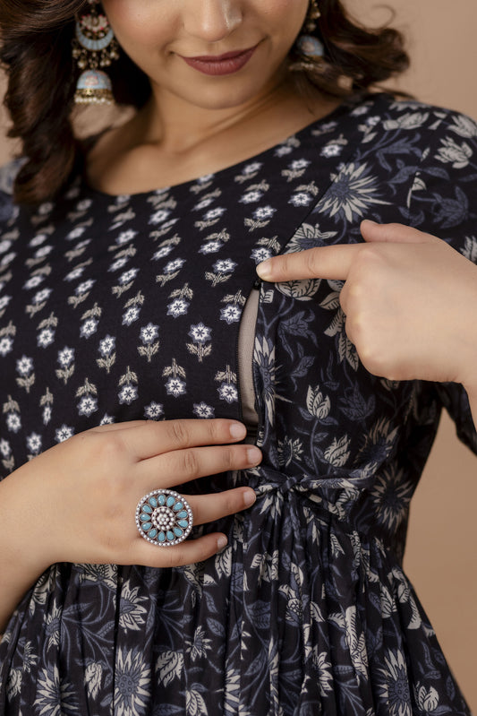 WOMOON Anarkali Black Maternity Gown | Pure Cotton Feeding | Maternity Gown For Her