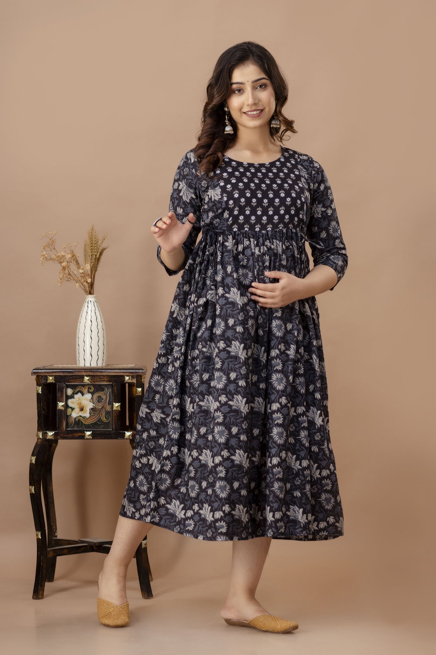 WOMOON Anarkali Black Maternity Gown | Pure Cotton Feeding | Maternity Gown For Her