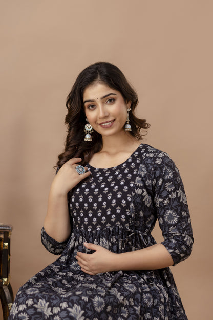WOMOON Anarkali Black Maternity Gown | Pure Cotton Feeding | Maternity Gown For Her