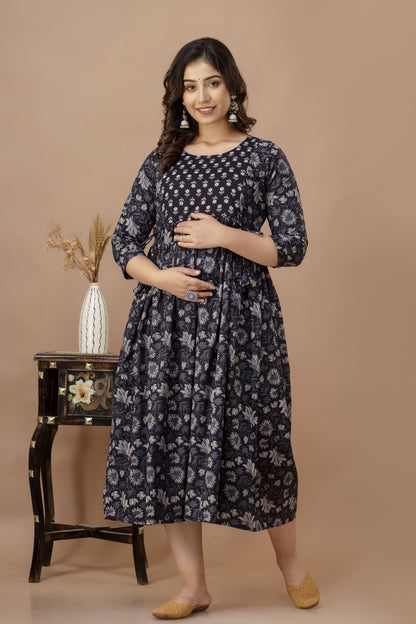 WOMOON Anarkali Black Maternity Gown | Pure Cotton Feeding | Maternity Gown For Her