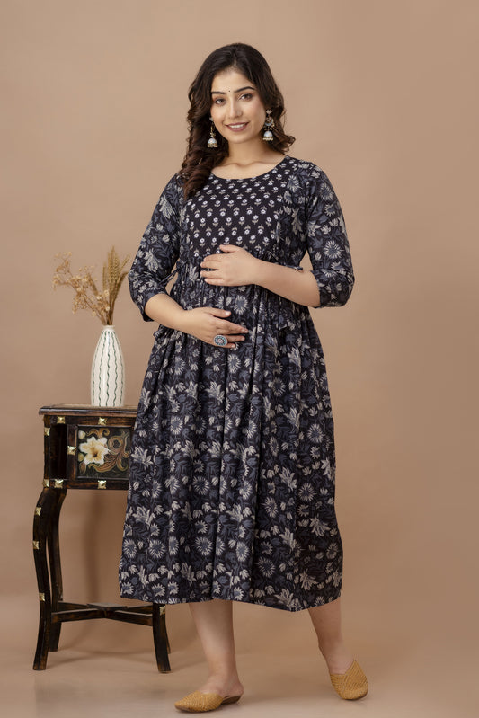 WOMOON Anarkali Black Maternity Gown | Pure Cotton Feeding | Maternity Gown For Her
