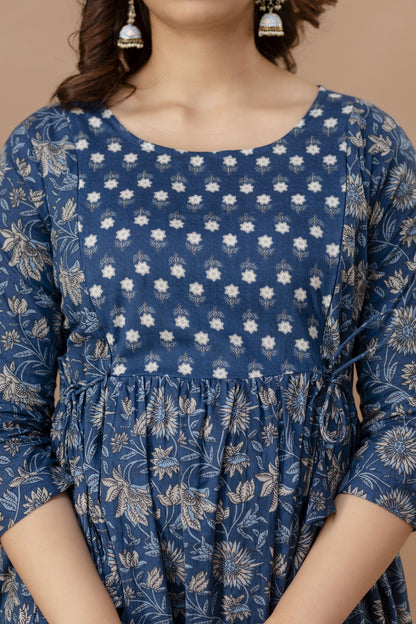 WOMOON Anarkali Blue Maternity Gown | Pure Cotton Feeding | Maternity Gown for her