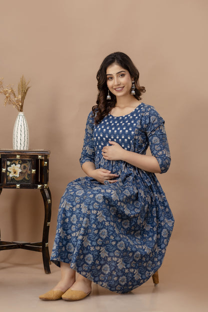 WOMOON Anarkali Blue Maternity Gown | Pure Cotton Feeding | Maternity Gown for her
