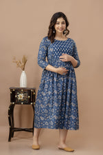 Blue Maternity Gown Pure Cotton Feeding Maternity Gown By WOMOON