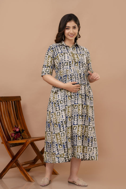 WOMOON Anarkali Multicolor Maternity Gown | Pure Cotton Feeding | Maternity Gown For Her