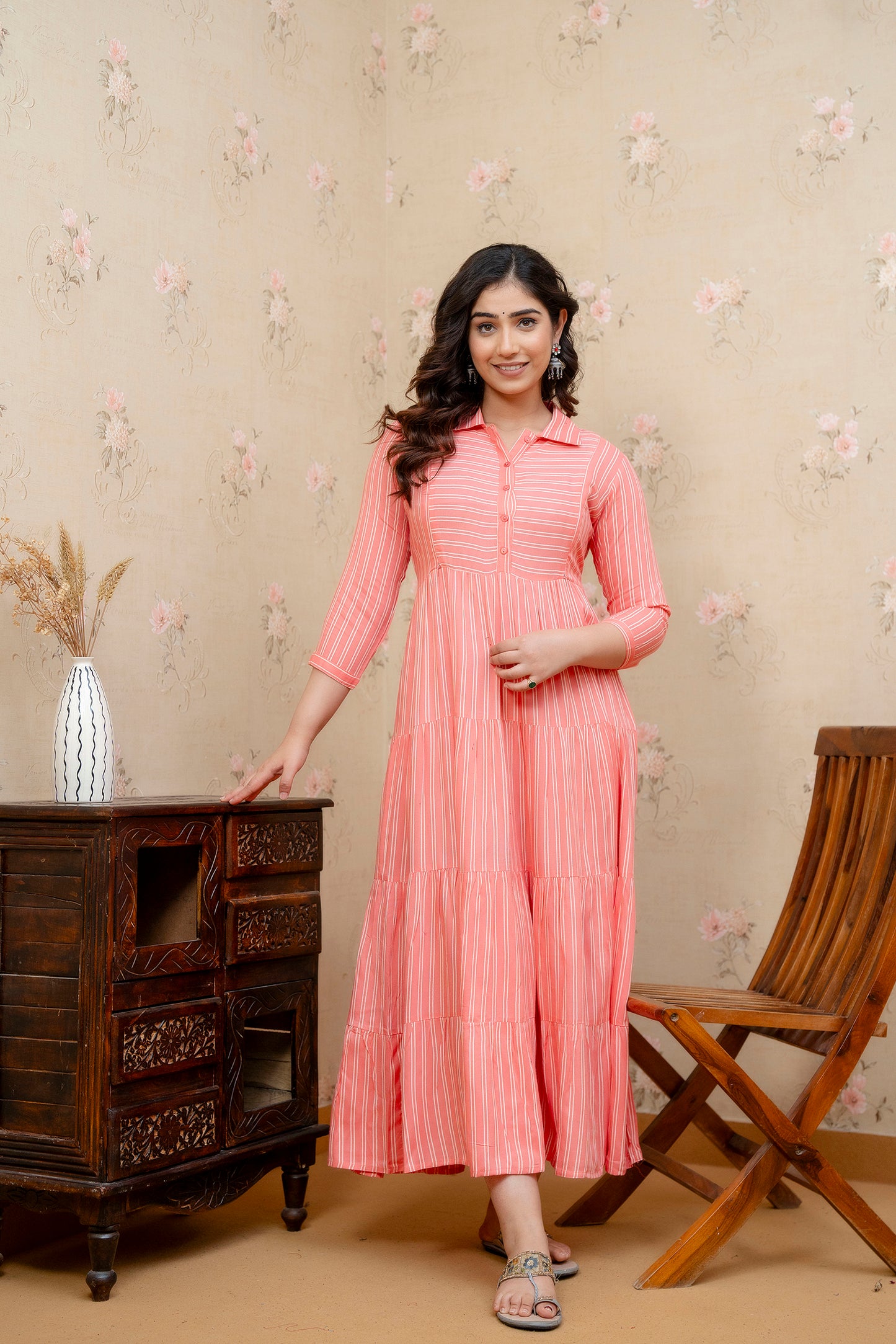 WOMOON Anarkali Classic Pink 4 Tyer pure cotton Printed Maternity Dress