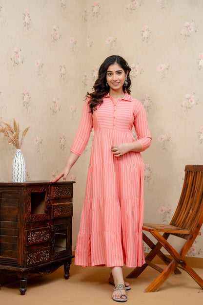 WOMOON Anarkali Classic Pink 4 Tyer pure cotton Printed Maternity Dress