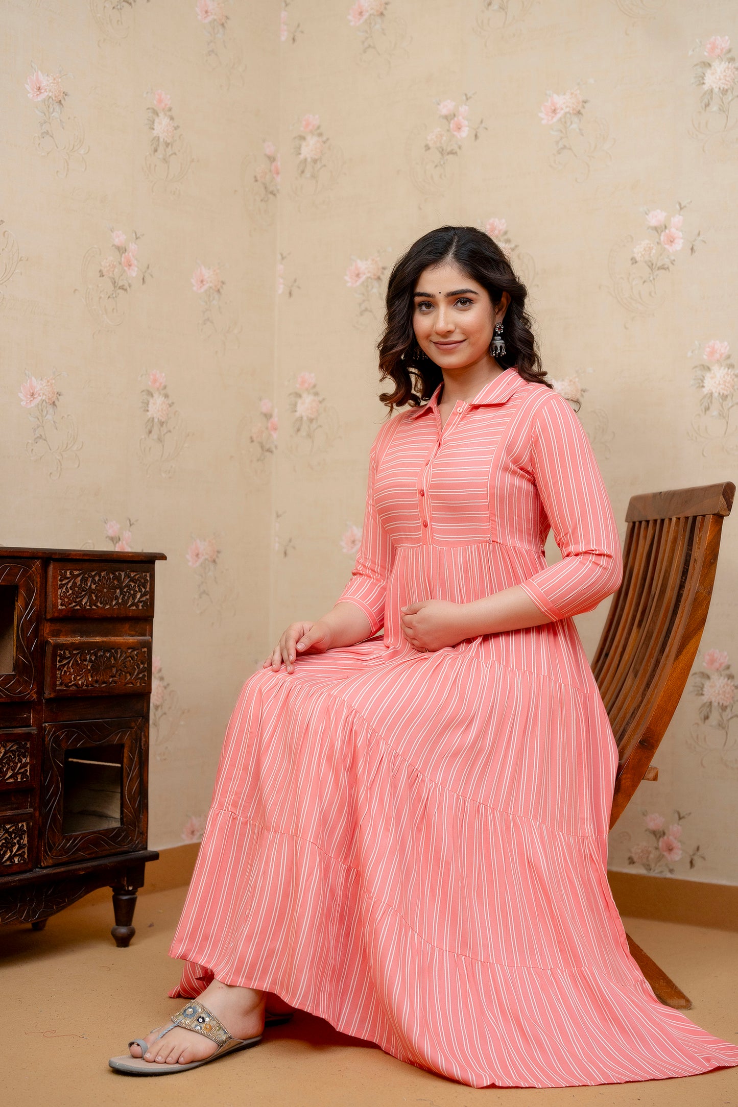 WOMOON Anarkali Classic Pink 4 Tyer pure cotton Printed Maternity Dress