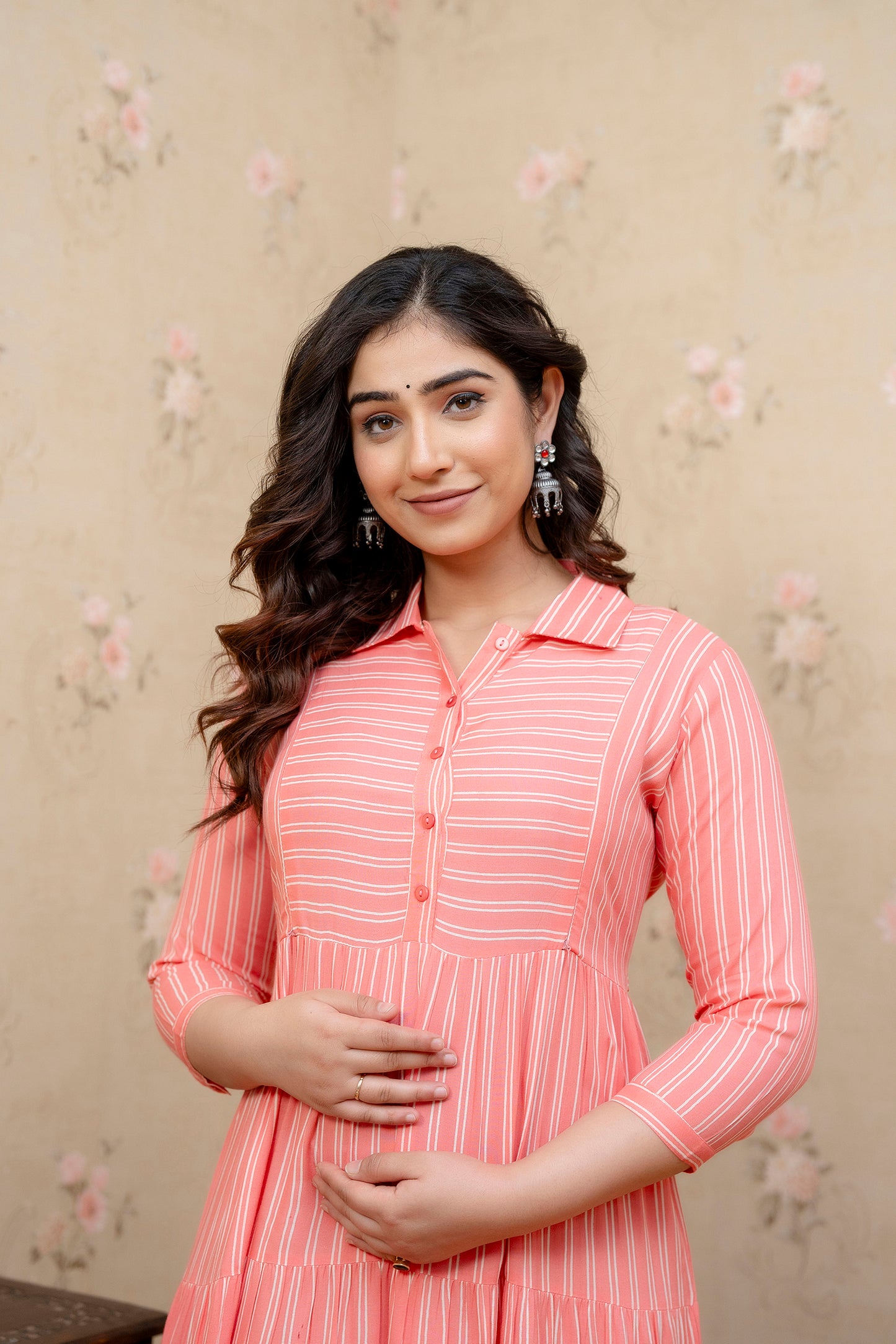 WOMOON Anarkali Classic Pink 4 Tyer pure cotton Printed Maternity Dress