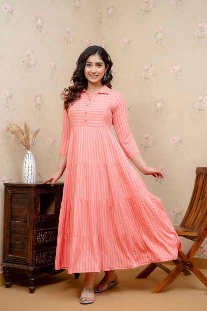 WOMOON Anarkali Classic Pink 4 Tyer pure cotton Printed Maternity Dress