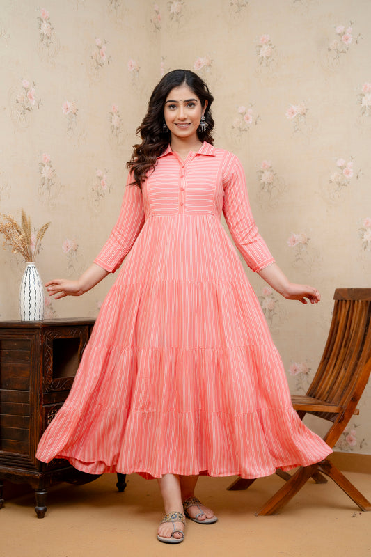 WOMOON Anarkali Classic Pink 4 Tyer pure cotton Printed Maternity Dress